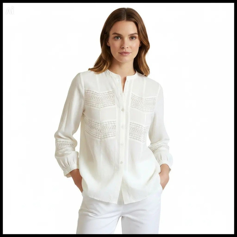 Chicos White Lace Trim Button Front Blouse Mandarin Collar Rayon Top Size 1 M 8